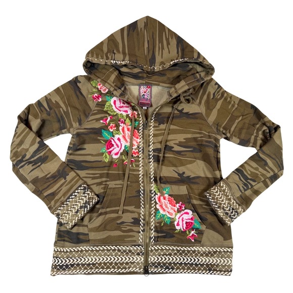 JWLA Johnny Was Tops - JWLA Johnny Was Camo Floral Embroidered Zip Up Hoodie Jacket Green 3837JW M